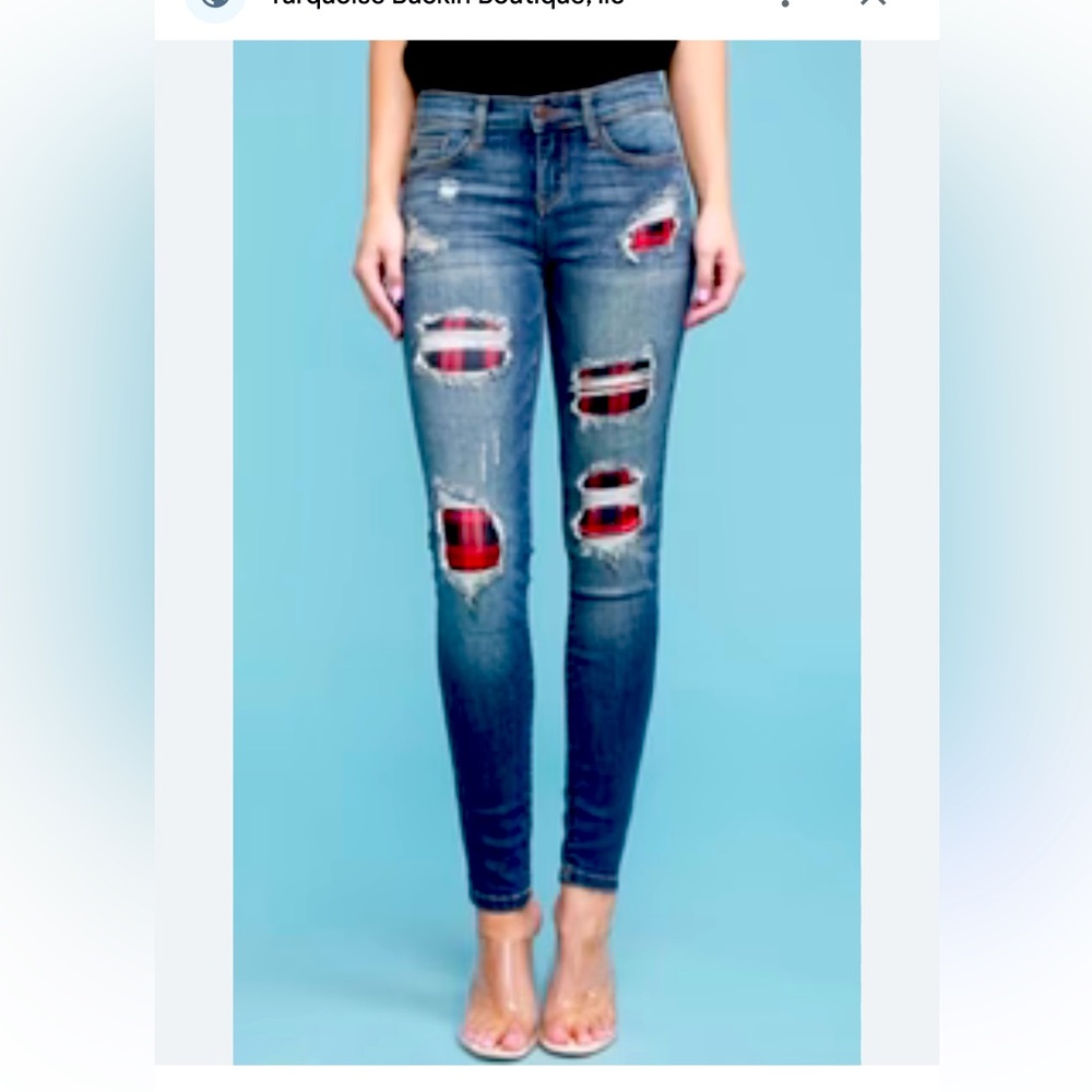 Judy Blue Women’s 5/27 Skinny Fit Distressed Buffalo‎ Plaid Jeans Stretch Comfy